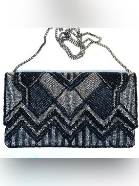Vintage Black and Silver Beaded Modern Graphic Clutch